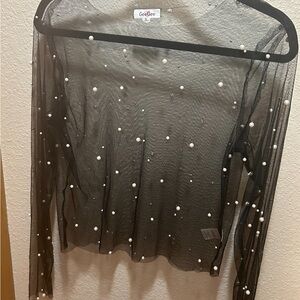 GeeGee Black Mesh Blouse with Pearl Details